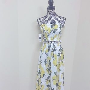 Angashion Women's Floral Lemon Print Crop Top Maxi Skirt